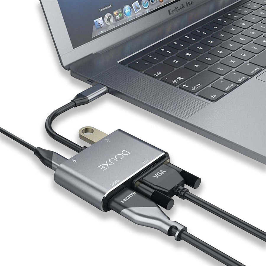 USB-C hub naar HDMI, VGA, USB A 3.0 en USB-C 3.1 bovenaanzicht poorten